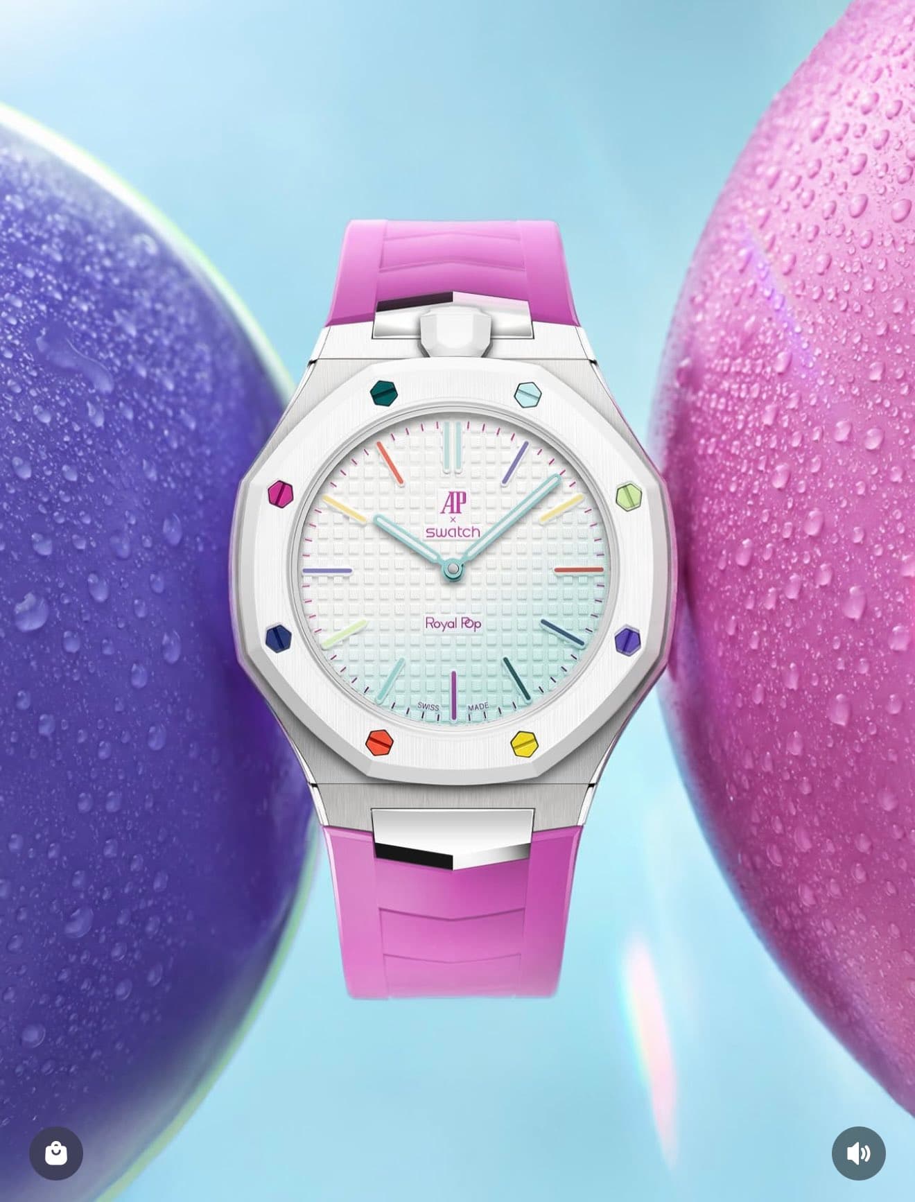 Bubblegum pink silicone strap on the AP × Swatch Royal Pop, set against a candy-colored backdrop.